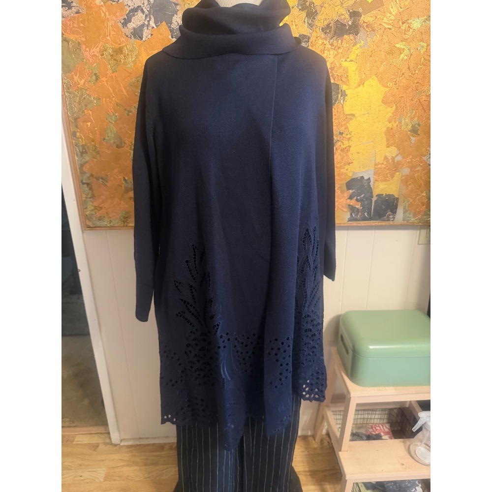 Soft Surroundings Navy Blue Eyelet Knit Cape Cowl Neck Wool Blend PM